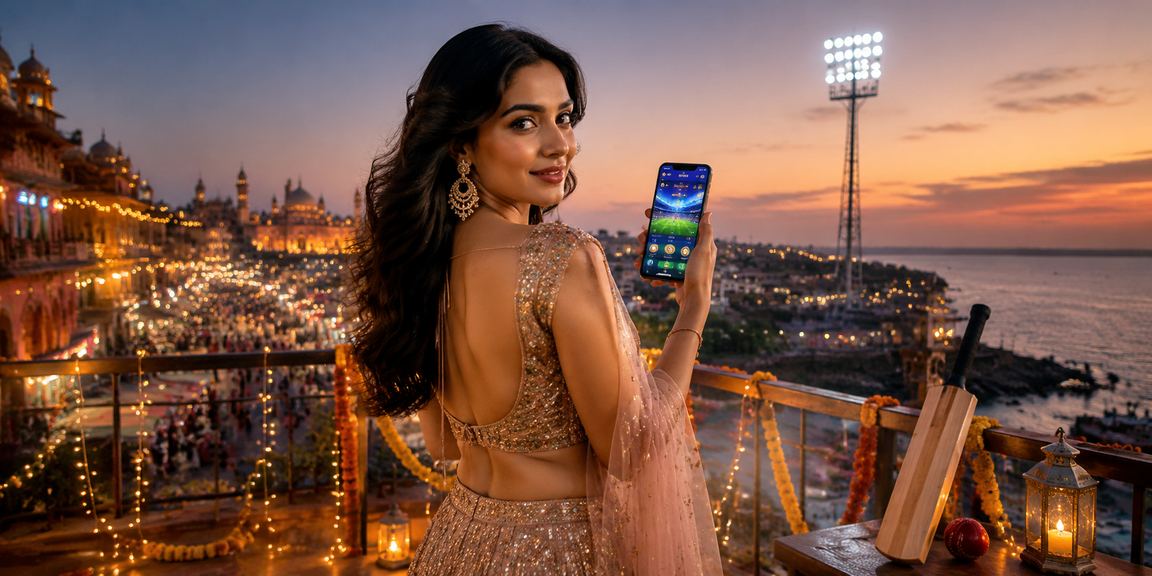 Indian cricket fan using mobile betting app in Bollywood setting