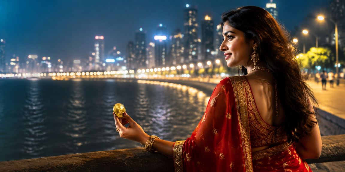 Young Indian woman placing a cricket bet on her mobile at Mumbai's Marine Drive